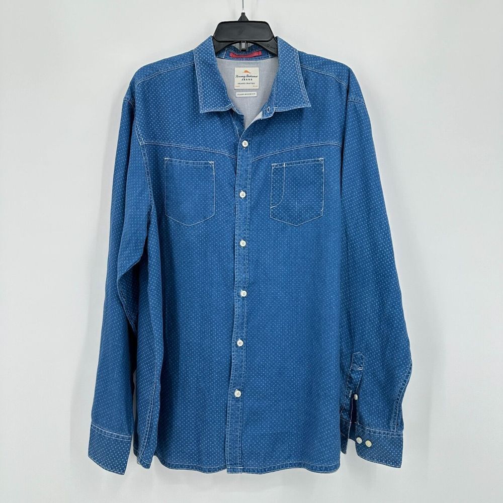 Tommy Bahama Jeans Linen Button Up Shirt Mens XL Blue Polka Dot Church Brunch‎